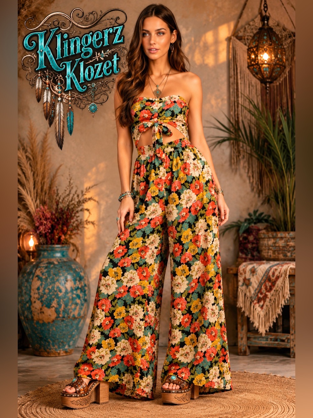 Lulu's Floral Strapless Tie-Front Wide-Leg Jumpsuit